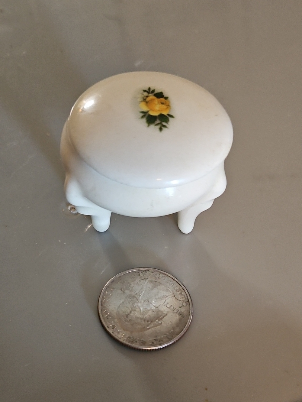 White Ceramic Trinket Box with Yellow Floral Accent